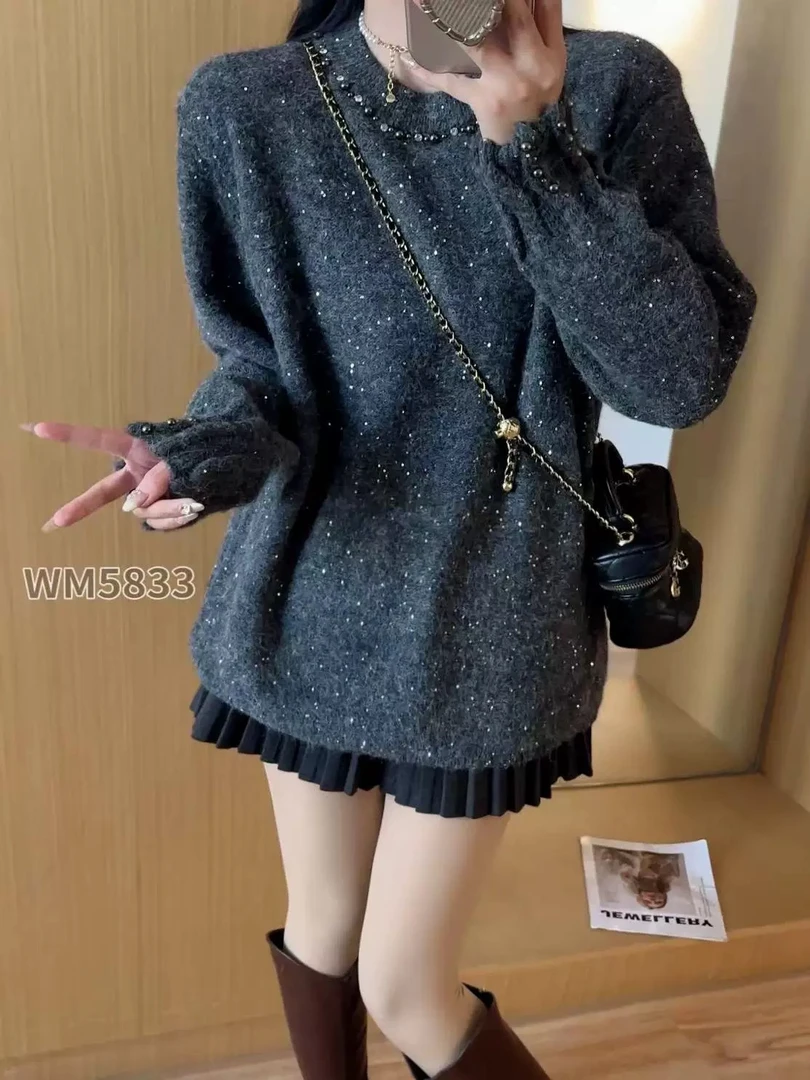 DD-5833中长款毛衣细闪圆领