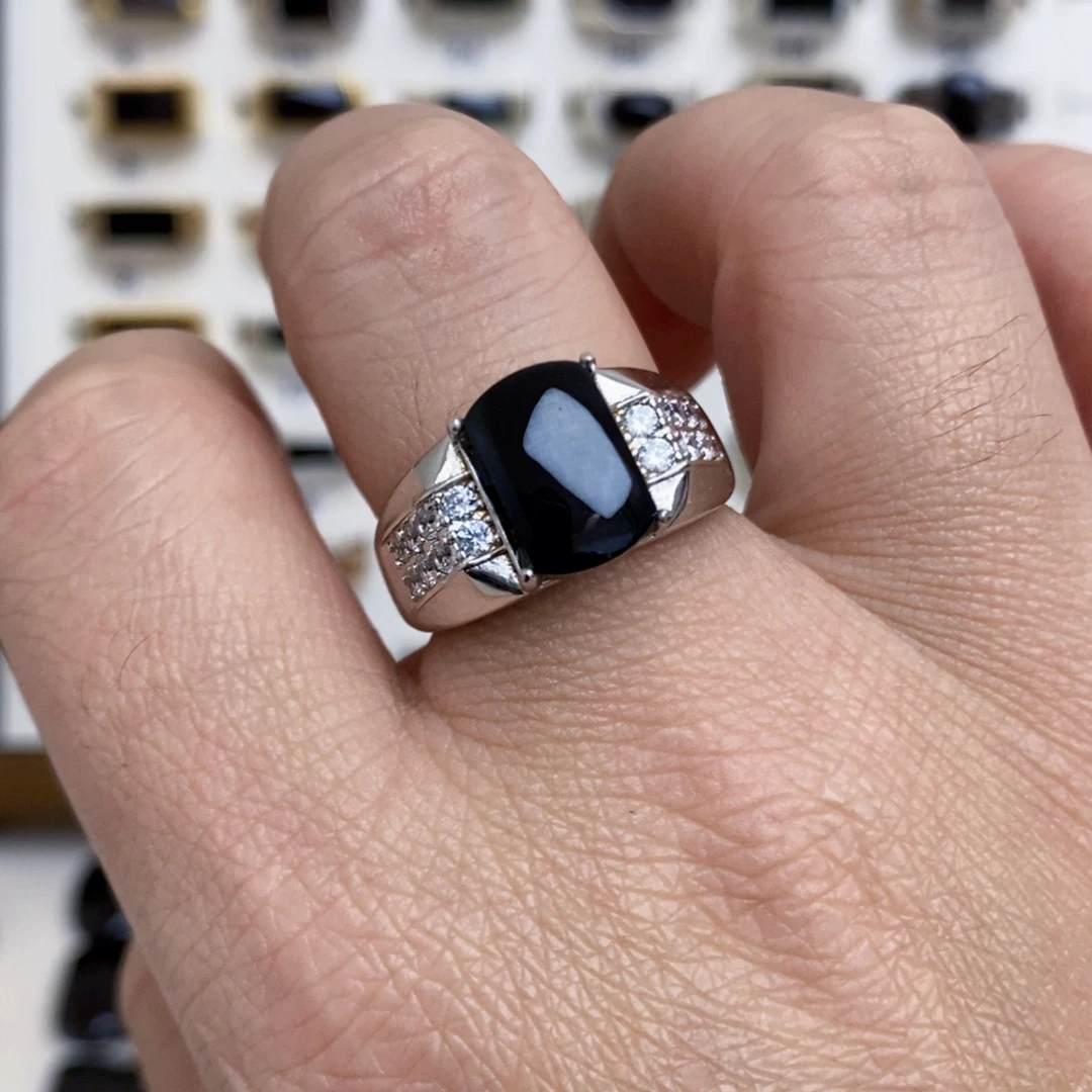 翡翠银S925镶嵌戒指墨翠戒指