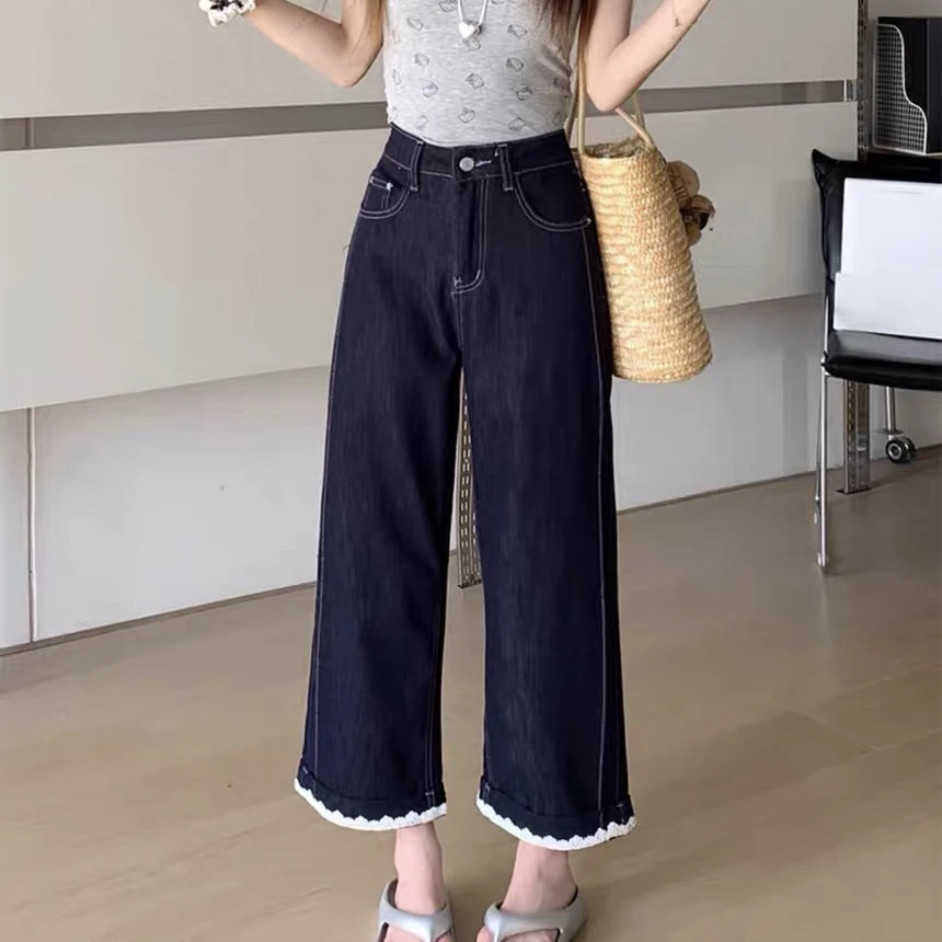 213蕾丝花边脚口九分直筒裤女显瘦高腰窄版牛仔裤复古小个子宽松