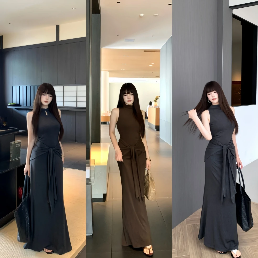 韩版慵懒感半高领露肩背心连衣裙套装女气质纯欲风可拆披肩两件套