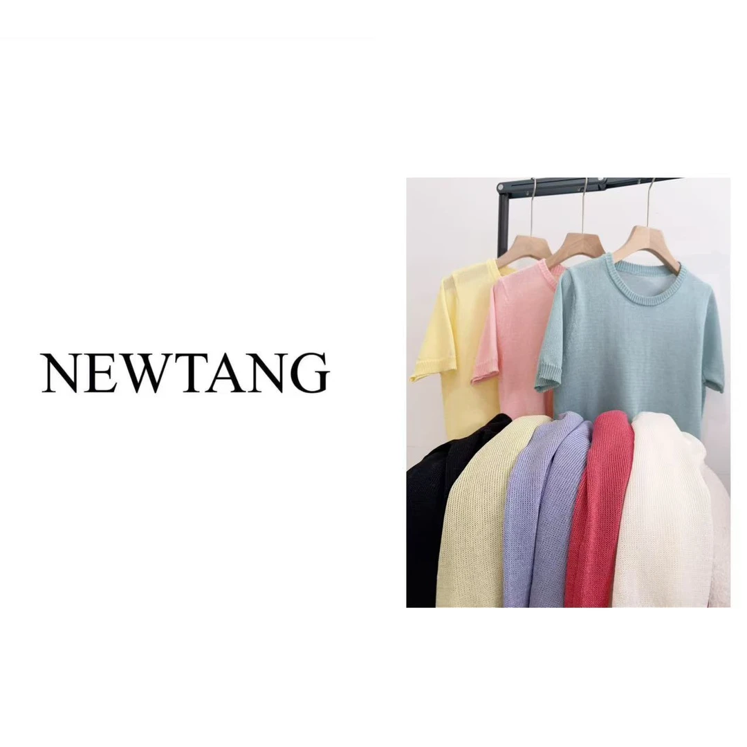 【纯色短袖】141夏季圆领微镂空领口针织衫短袖T恤上衣女