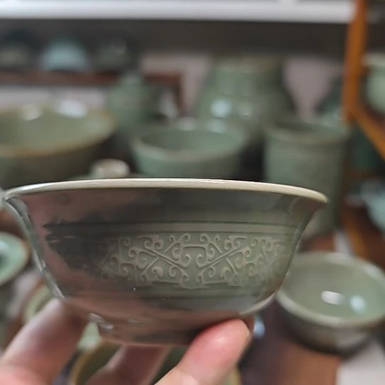 耀州窑老泥料勾云纹小碗四只