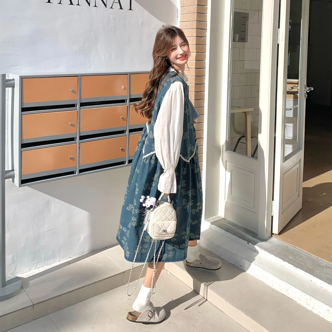 韩系减龄印花牛仔裙套装女春2025新款长袖衬衫马甲背心裙两件套