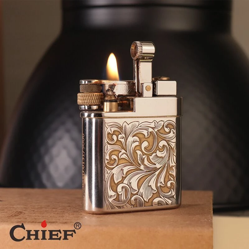 首领煤油打火机纯铜复古创意精雕唐草侧滑砂轮点火个性高档礼品男