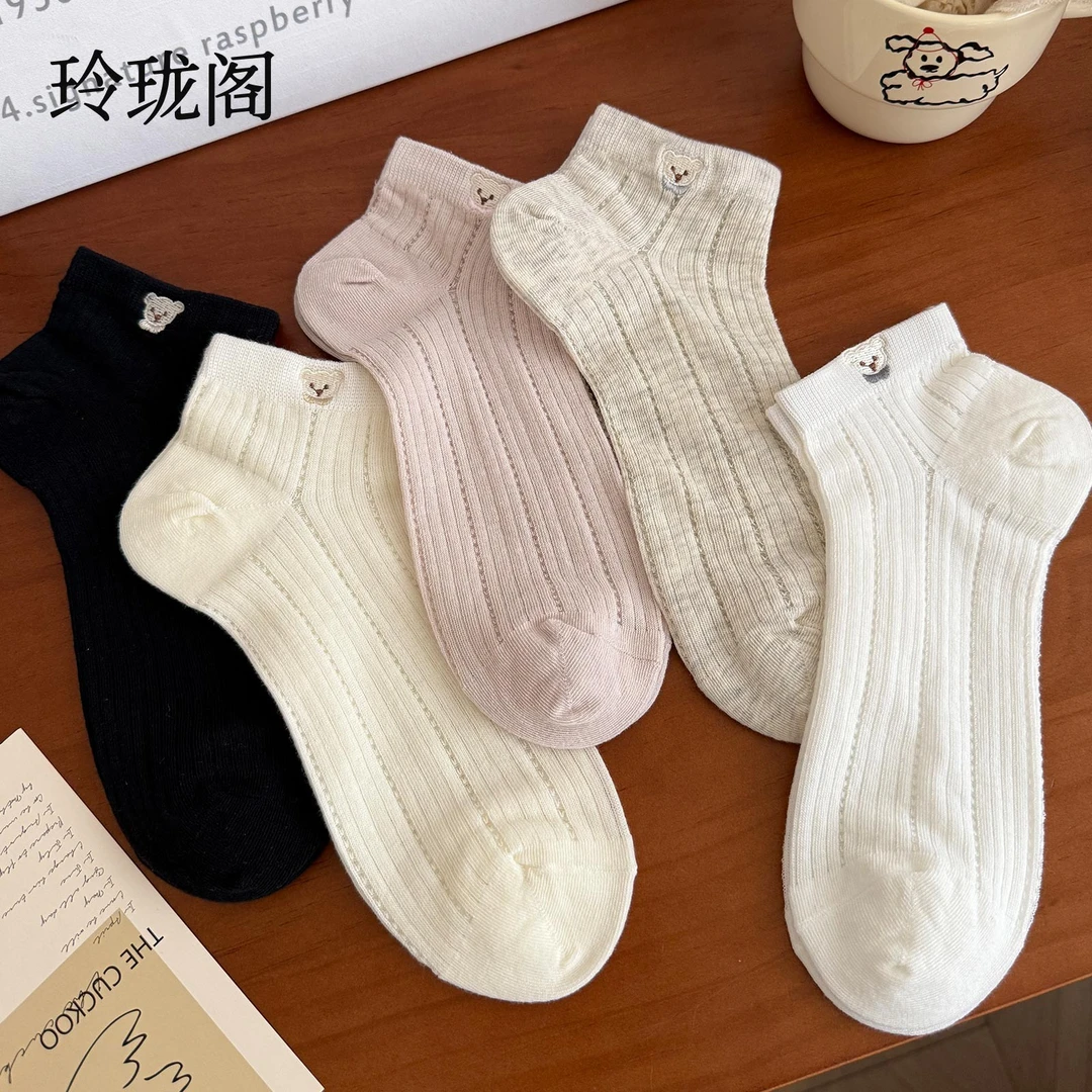 可爱卡通刺绣袜子女秋季薄款棉袜ins日系白色透气网眼袜短袜防臭