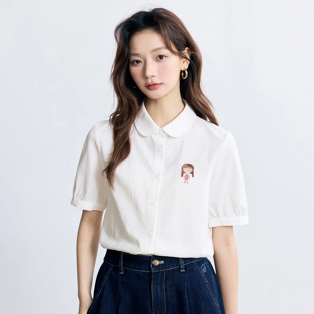 纯棉文艺娃娃领短袖白衬衫女2025夏季通勤舒适百搭刺绣衬衣