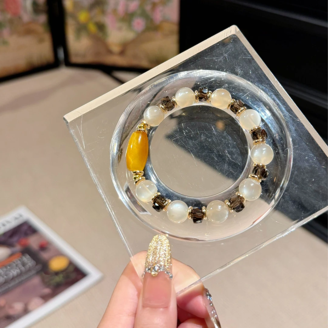 【月半弯】天然奶茶月光+钻切茶晶+金虎眼手串 多样性发一
