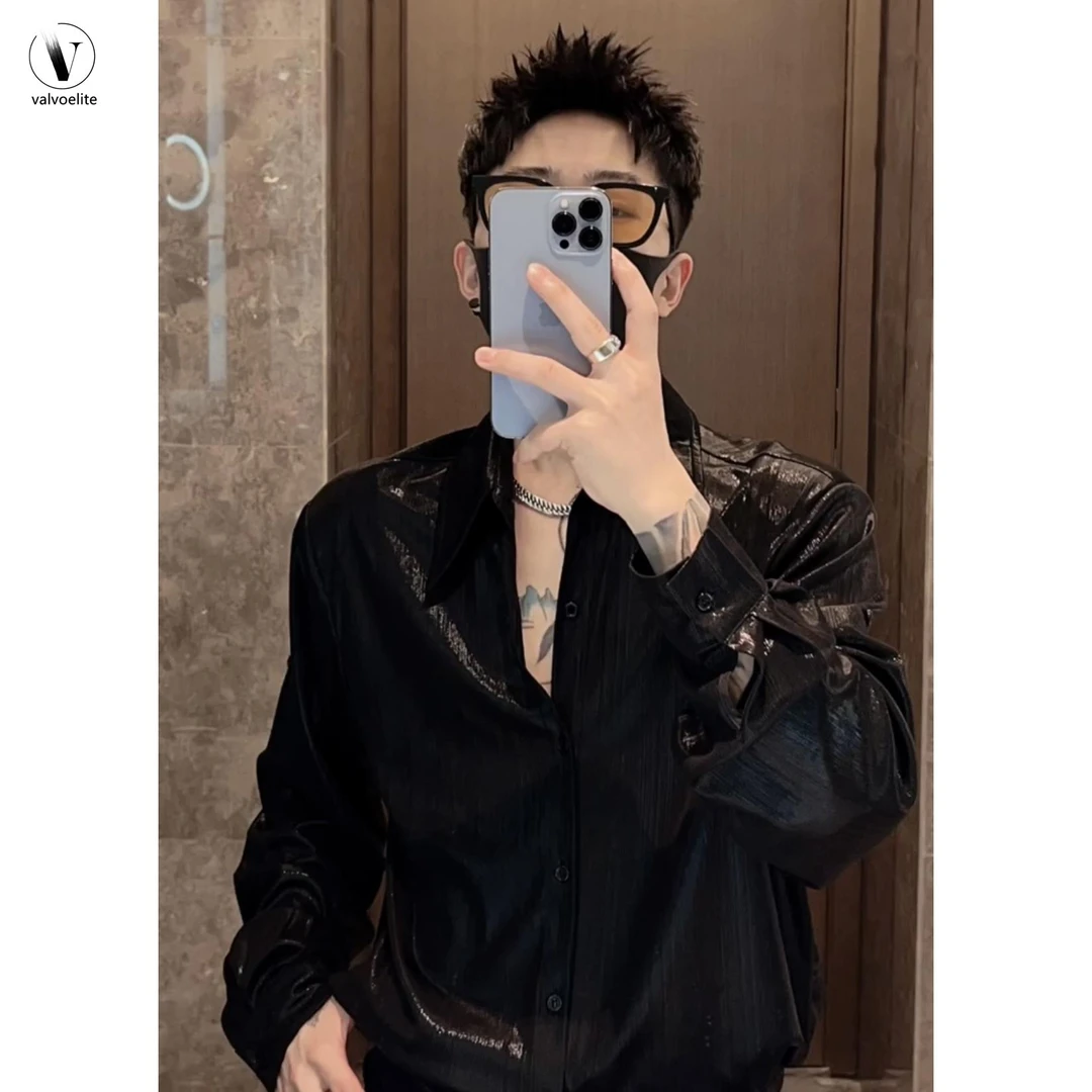 VALVOELITE春夏痞帅衬衫男小众纯色亮面高级感液态琉璃纱长袖衬衣