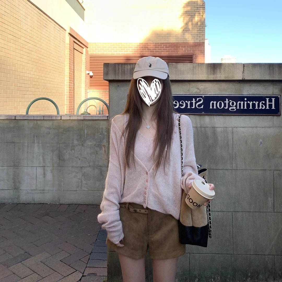 粉色柔软休闲金丝马海毛背心开衫两件套装女春秋2025新款宽松外套