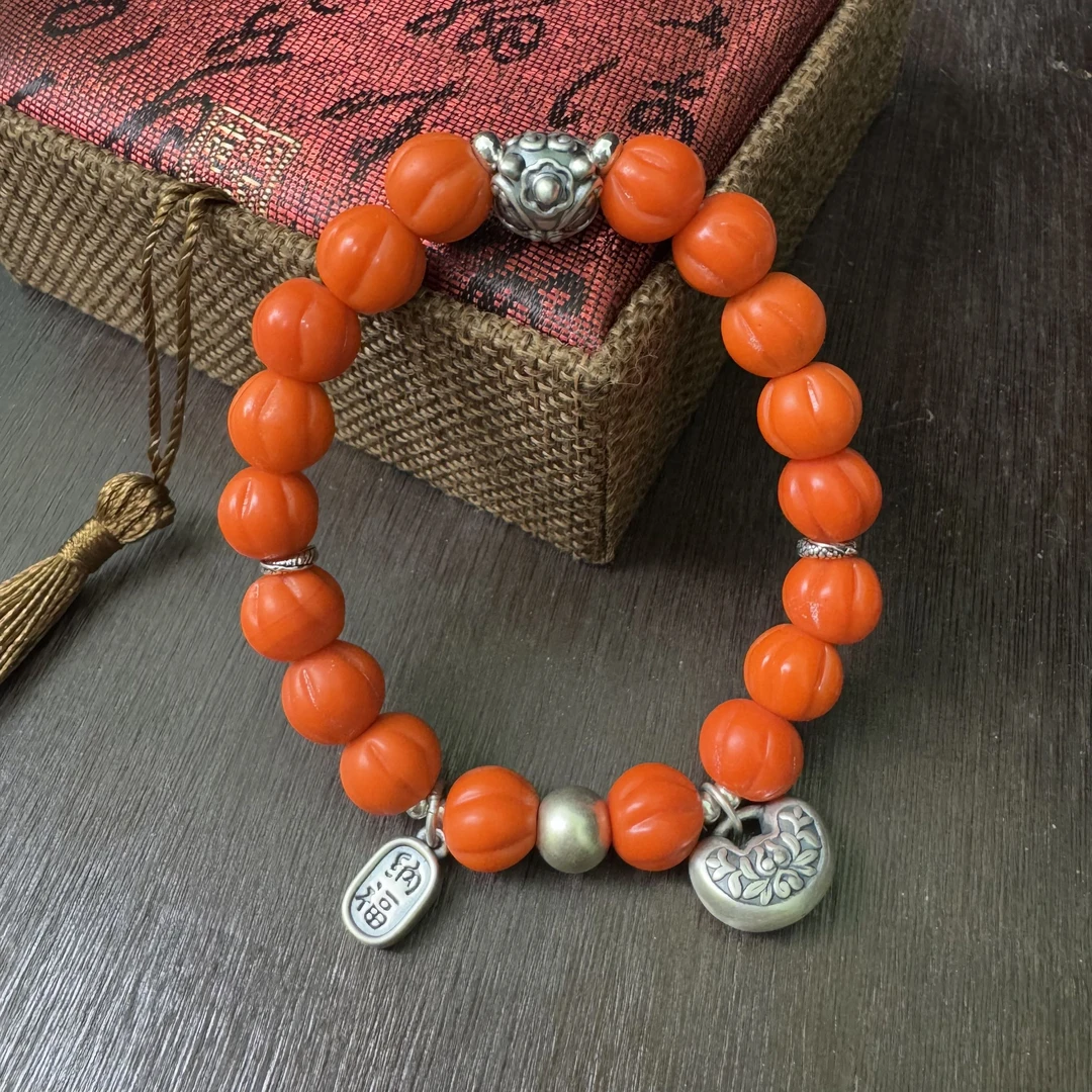 老琉璃复古百搭橘色刮珠925银饰手串4122103
