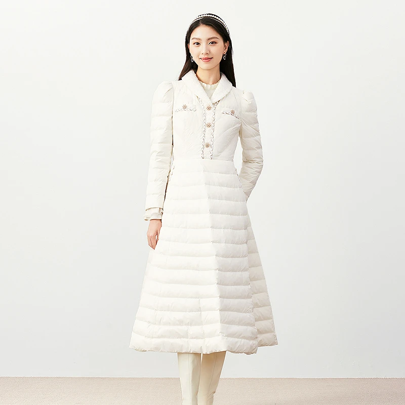 珂莱蒂尔白色小众设计90保暖羽绒连衣裙女中长款裙子KF11469D1