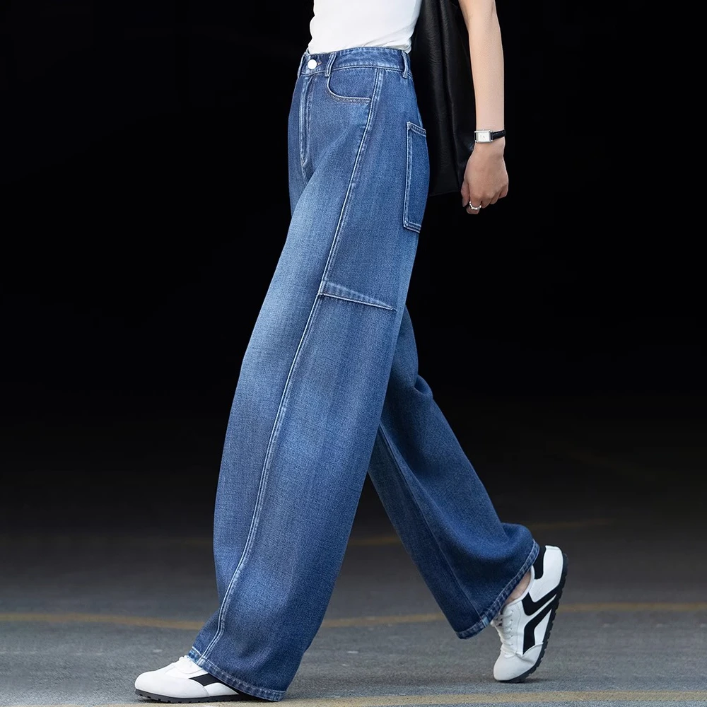 天丝薄款牛仔裤女2025夏季高腰弯刀裤宽松垂感莱赛尔显瘦阔腿裤子