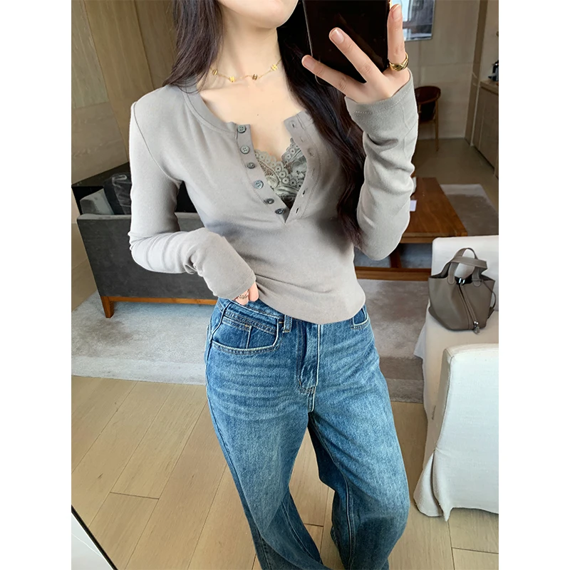本希benxe/C位叠搭  修身百搭亨利领半扣弹力柔软打底衫+蕾丝背心