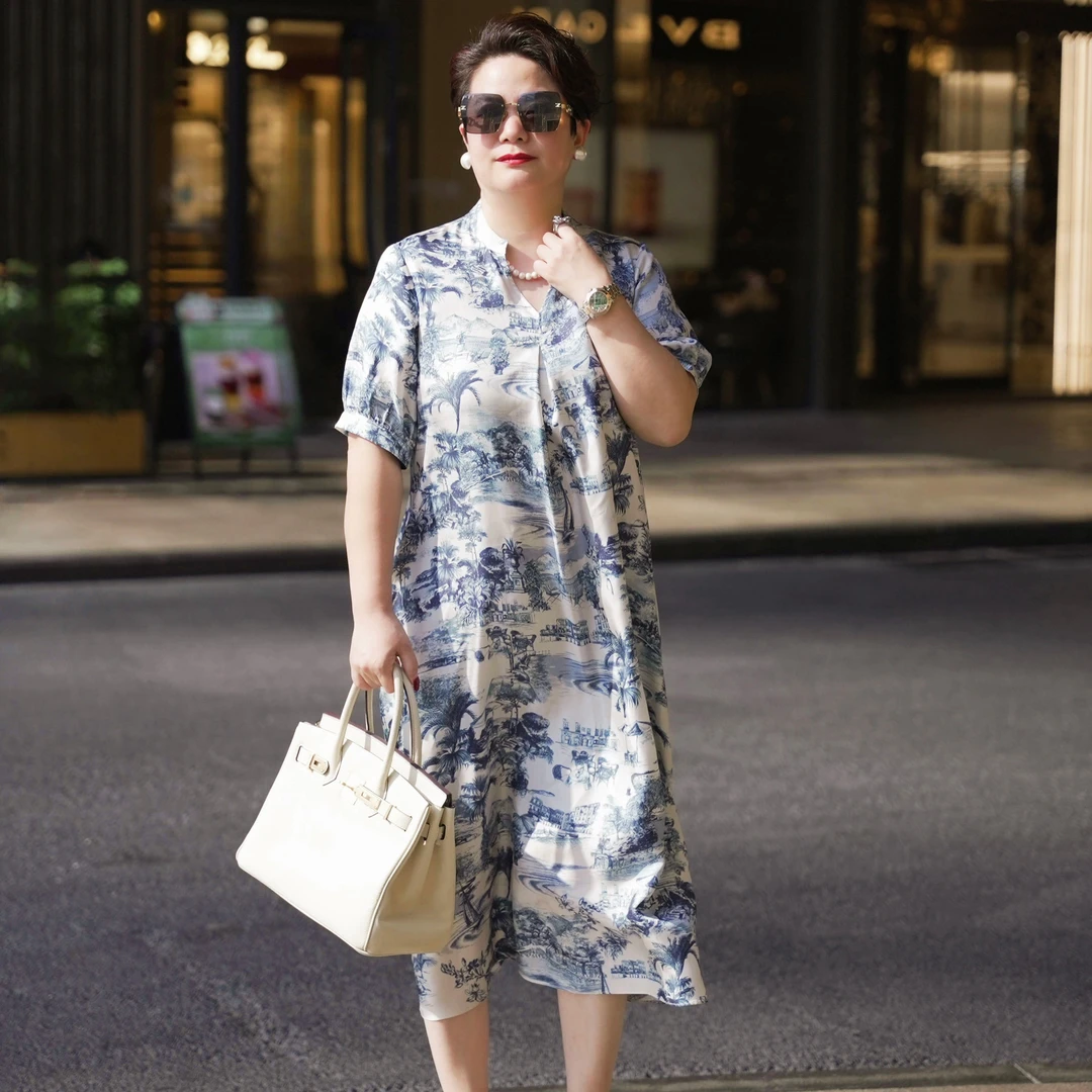 2025年夏季新款蓝韵山水绮梦裙桑蚕丝印花大码连衣裙0396