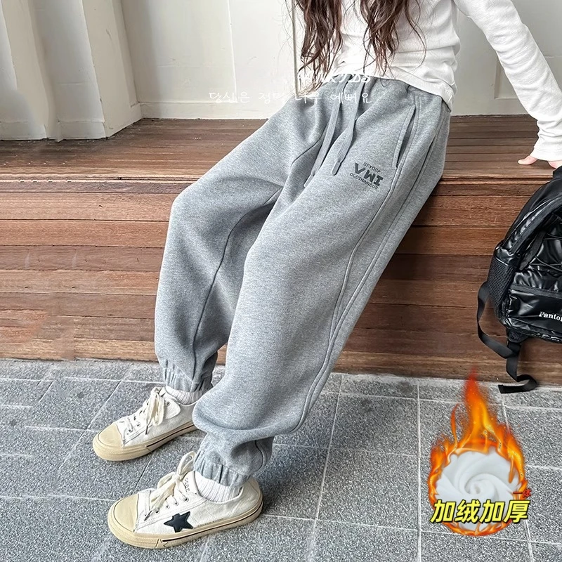 女童加绒裤子秋冬款儿童宽松运动裤新款百搭中大童加厚休闲裤卫裤
