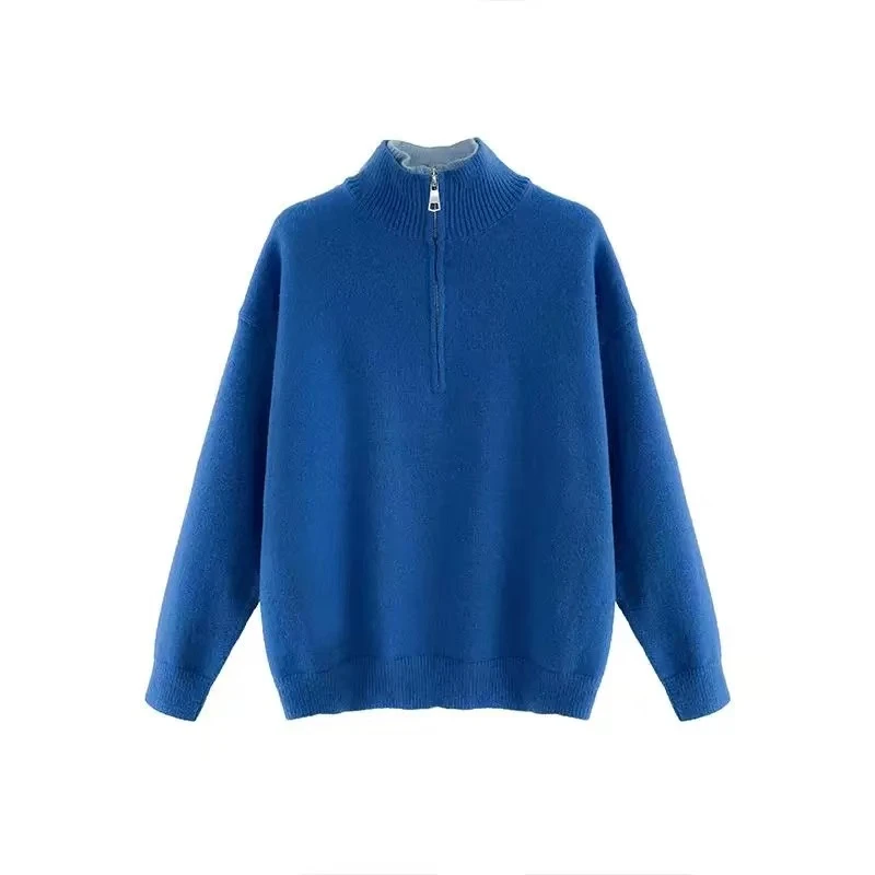 2025年新款休闲叠穿假两件高领立领拉链领子中长款宽松羊毛上衣