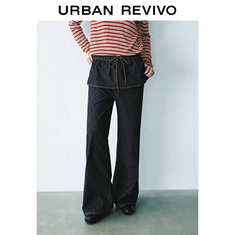 UR2025春季新款女装欧若风假两件松紧腰抽绳牛仔长裤UYU850015