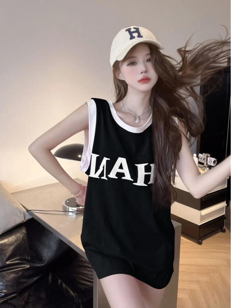 2025年夏新美式300斤宽松拼色字母圆领背心t桖女休闲中长款上衣