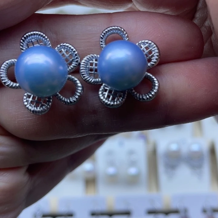 耳饰银S925镶嵌淡水珍珠