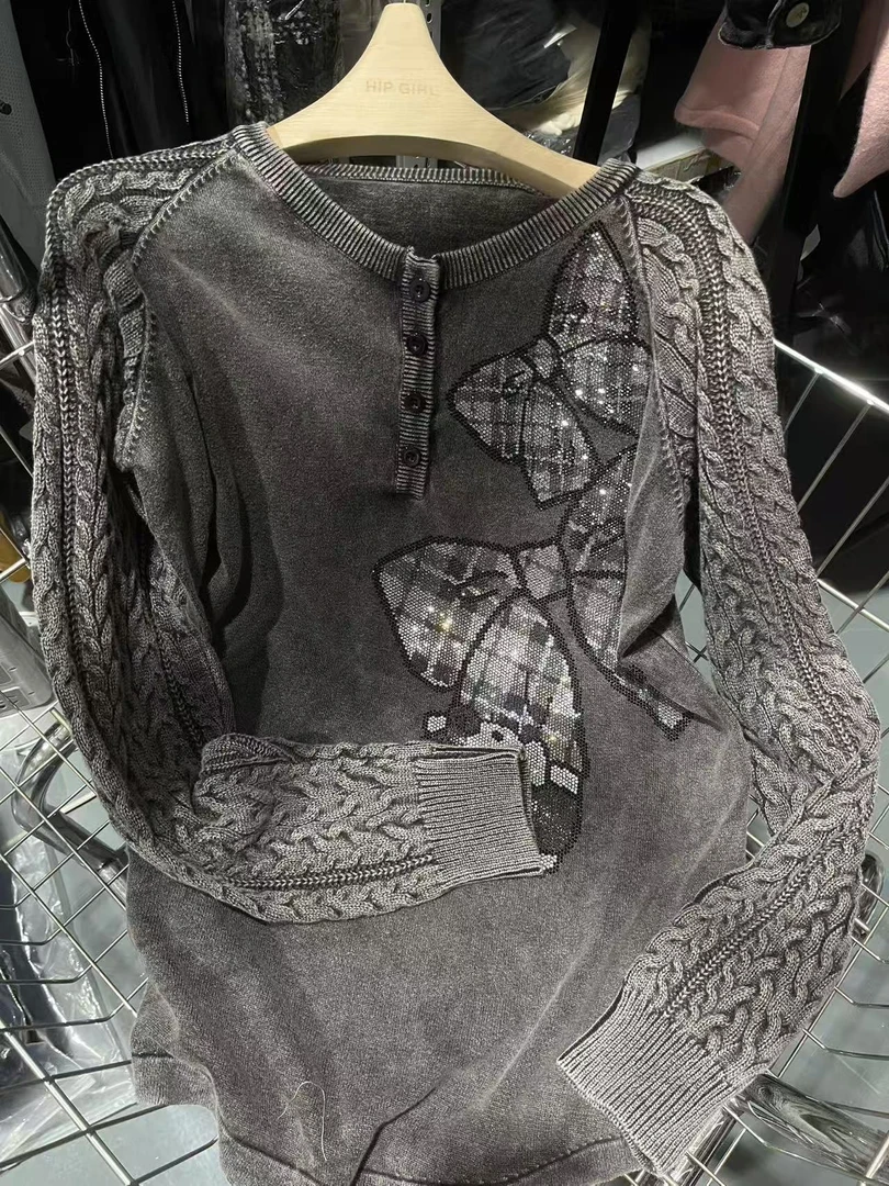 包嫂【AA1743复古黑毛衣蝴蝶 】2025年新款毛衣外搭秋冬针织