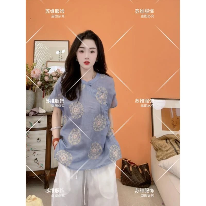 【南油高货】20331夏季国风碎花抽绳显苎麻衬衫复古中国风上衣