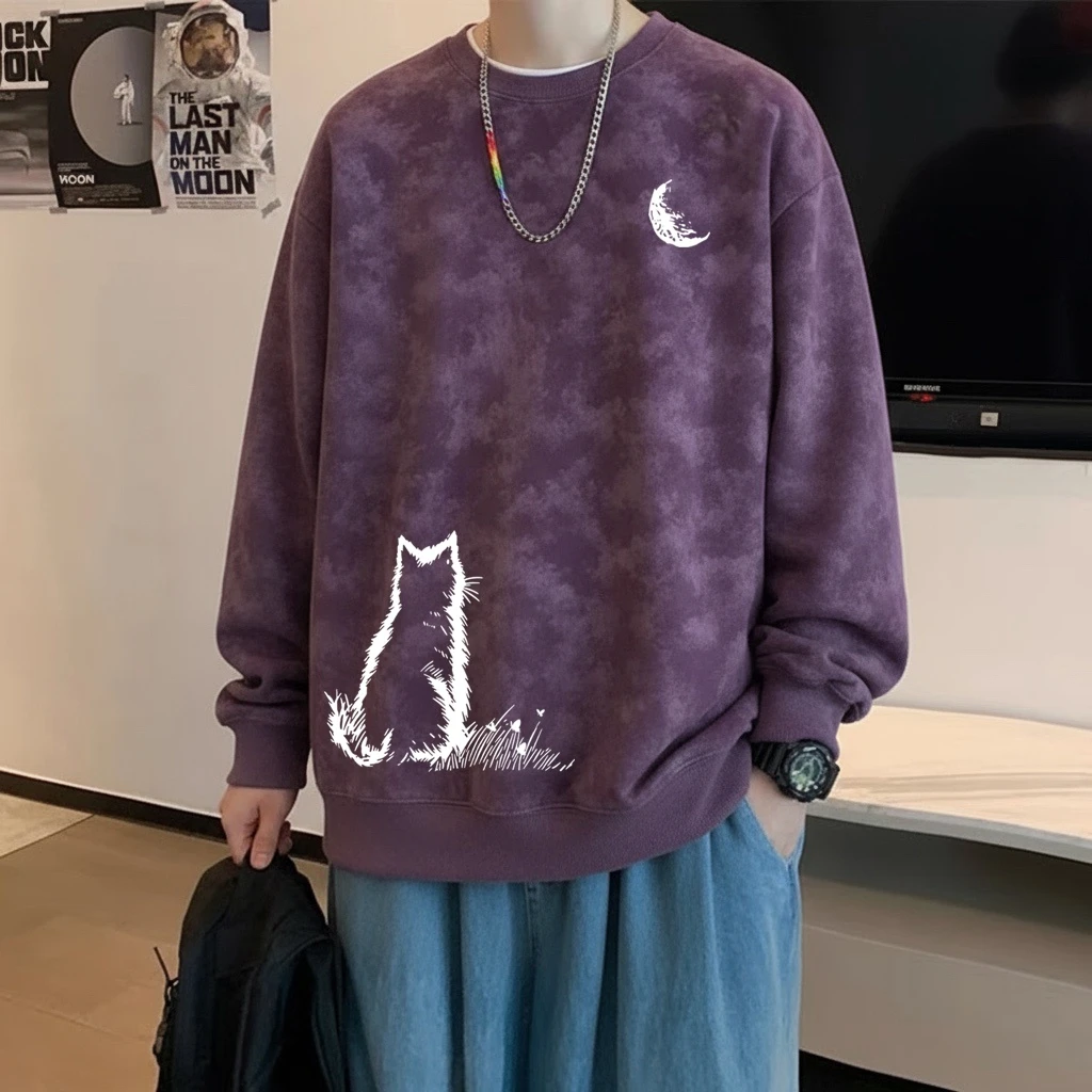 美式大码扎染圆领卫衣男士秋冬潮流港风休闲宽松打底衫上衣青少年