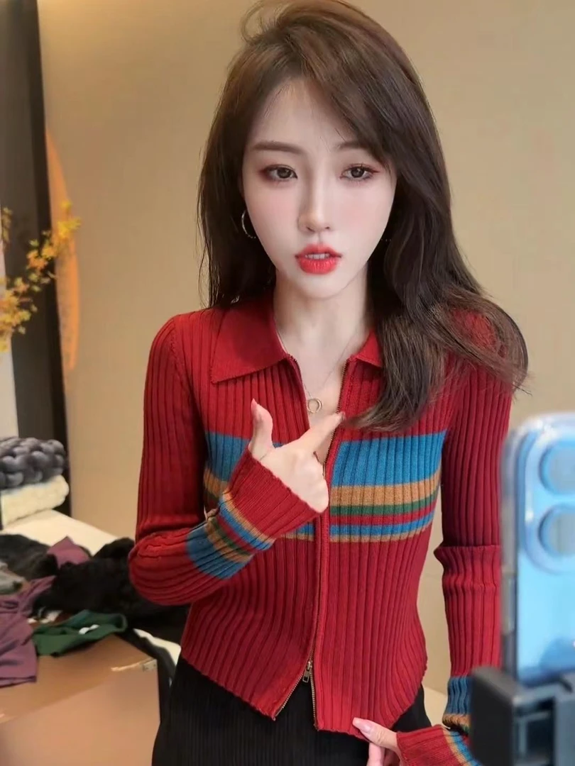 安可拉红春秋款条纹毛衣针织长袖上衣开衫外套打底宽松外穿网红