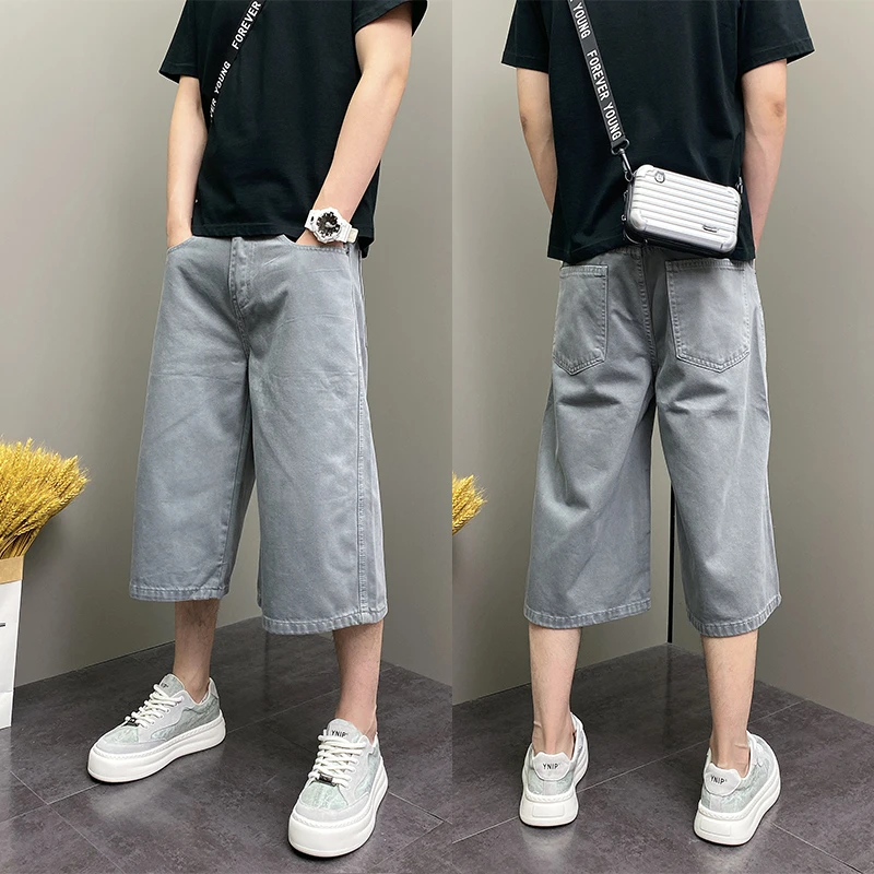 2025年夏季薄款潮牌韩版水洗浅色系男士青年休闲七分牛仔美式裤子