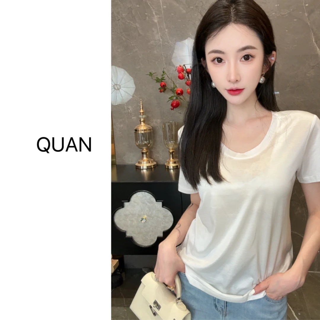 百搭简约光泽感纯色时尚显瘦气质夏季圆领设计感短袖T恤