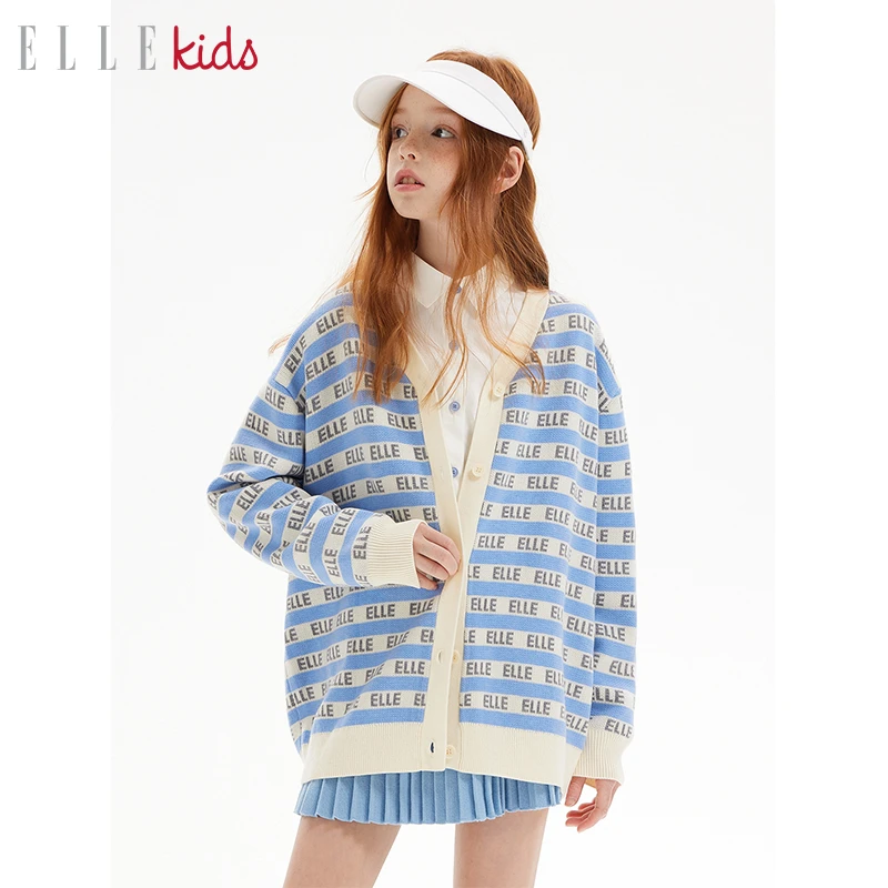 ELLE KIDS童装法式学院春季宽松字母提花女童毛衣外套复古开衫C1