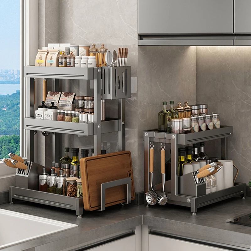 枪灰厨房调料置物架家用台面多功能刀架调味用品佐料多层收纳架子