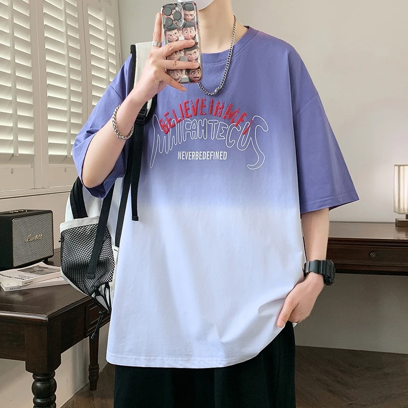 2025年夏季新款男装休闲短袖T恤男士百搭半袖宽松潮流港风渐变ins