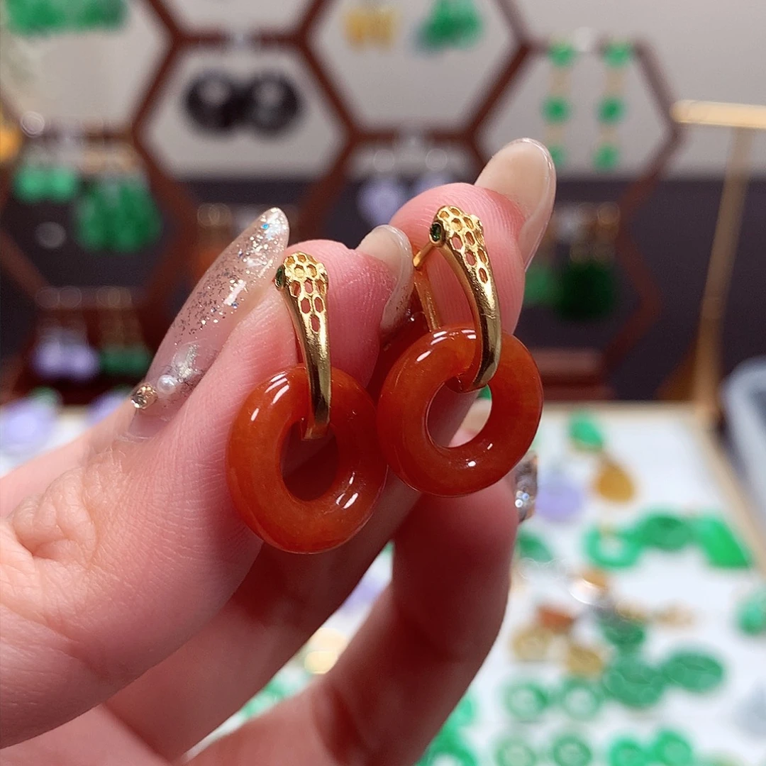 翡翠耳饰银S925镶嵌风***辰天然翡翠