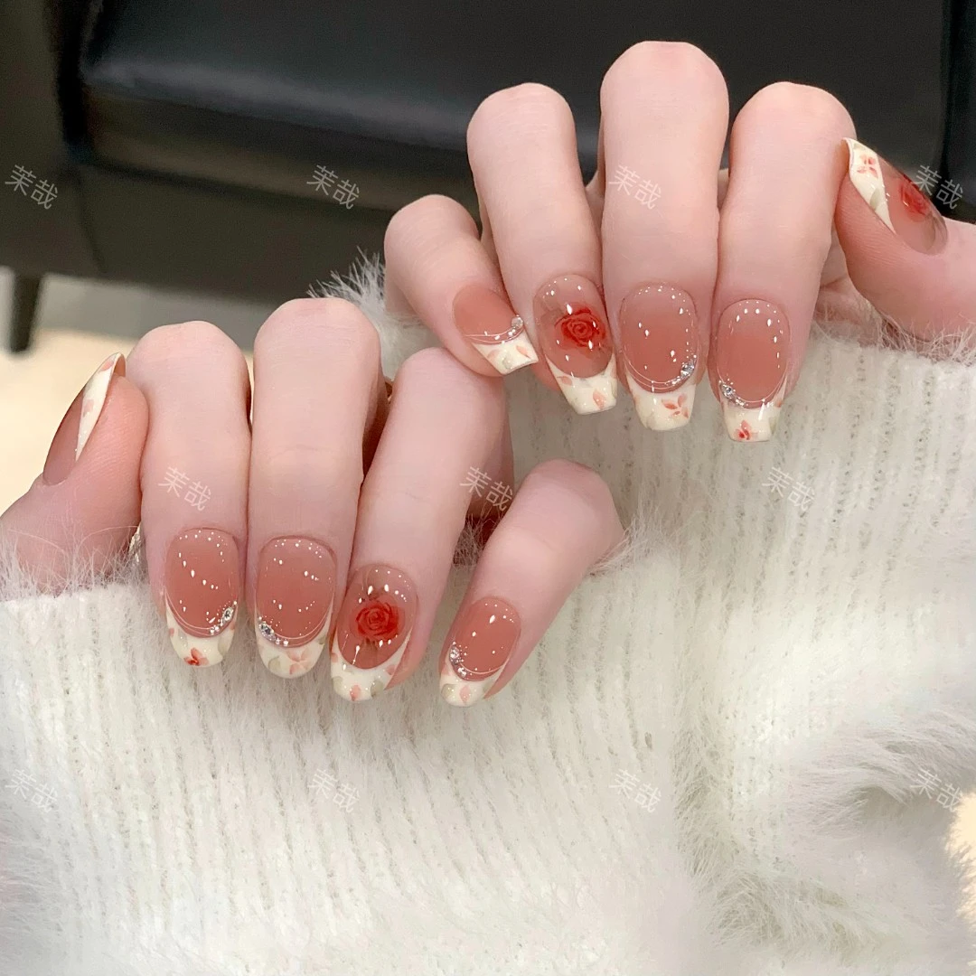 茉哉高定水彩手绘【玫瑰庄园】纯手工定制美甲拆卸穿戴甲A4100