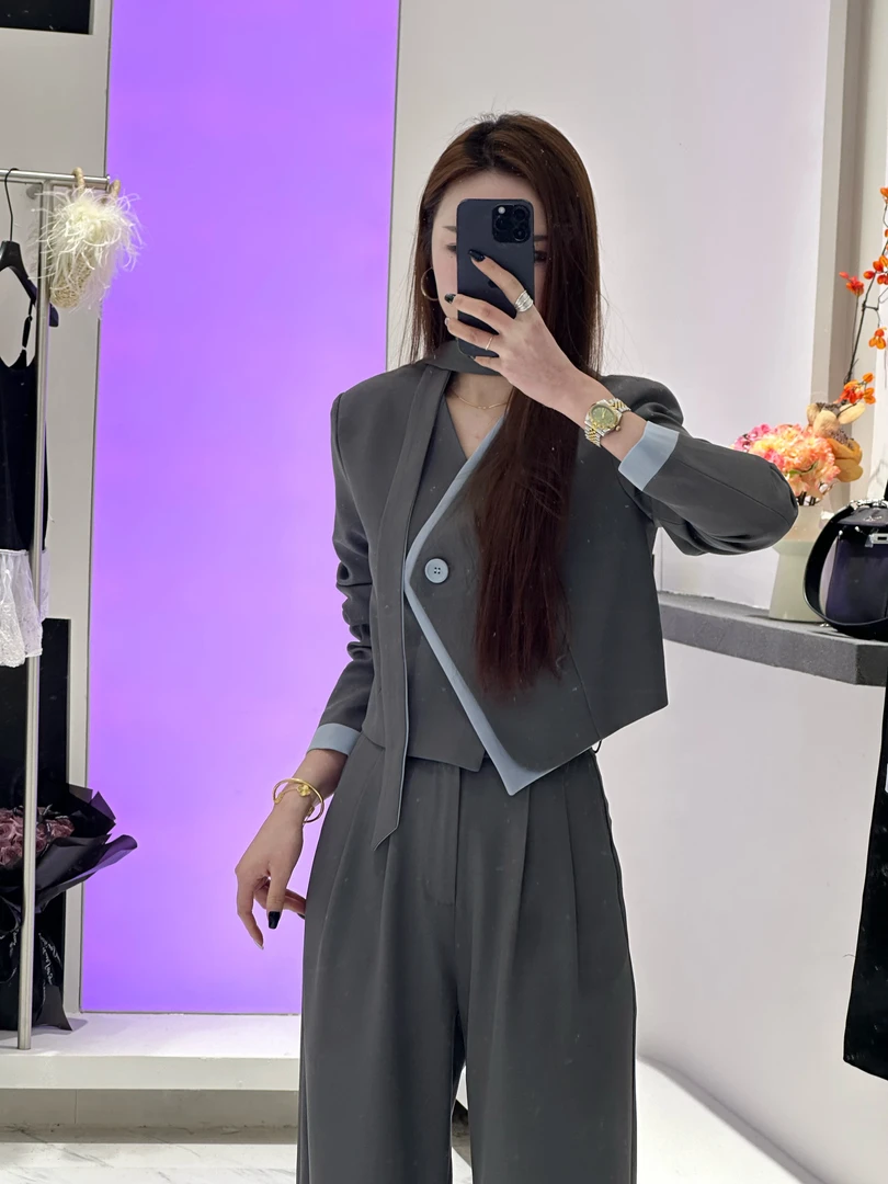 新款V领长袖撞色假两件西装上衣飘带配高腰阔腿裤套装8808