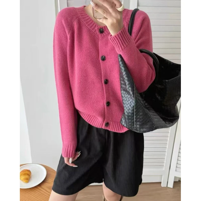 5585韩系圆领单排扣宽松短款针织开衫毛衣