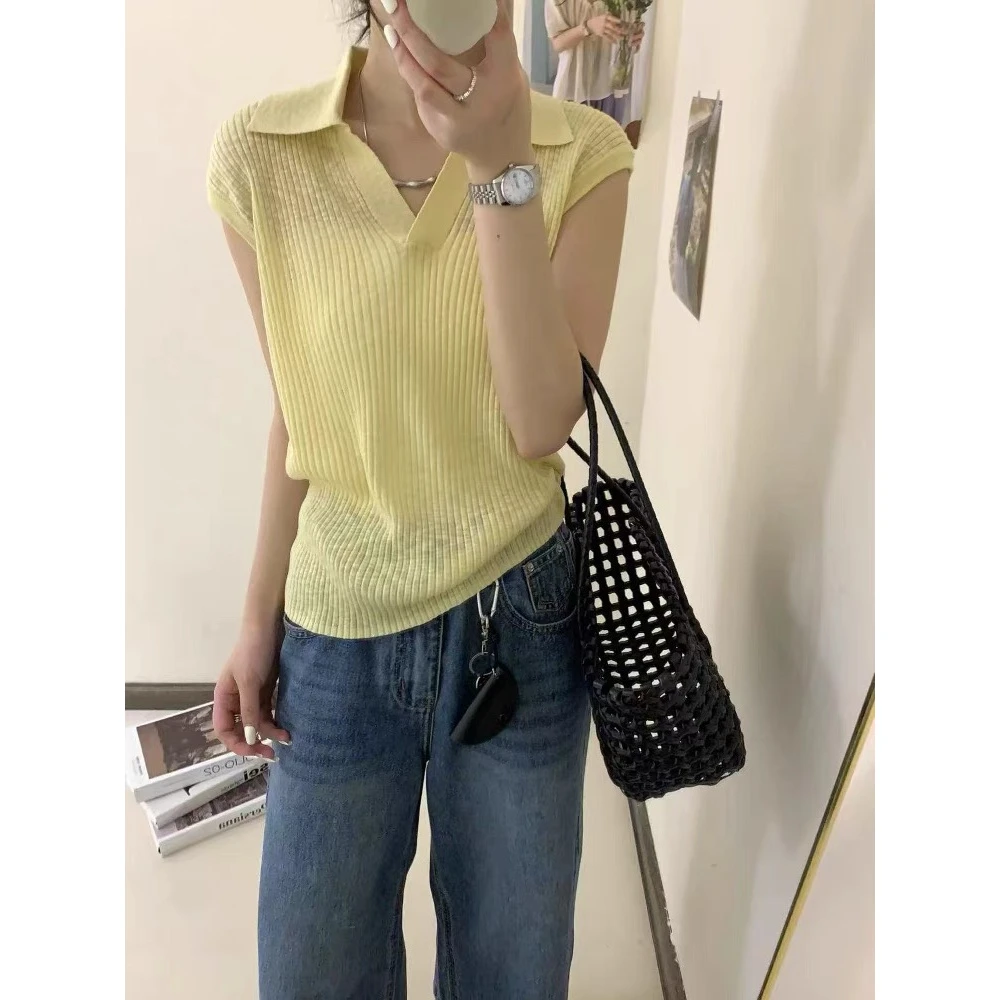 2025夏季新款韩系POLO翻领无袖毛针织衫女百搭显瘦设计感上衣