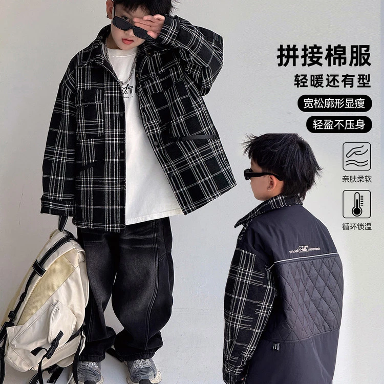 锁温柔软男童休闲棉服宽松厚款B类翻领经典格子常规款2025新款潮