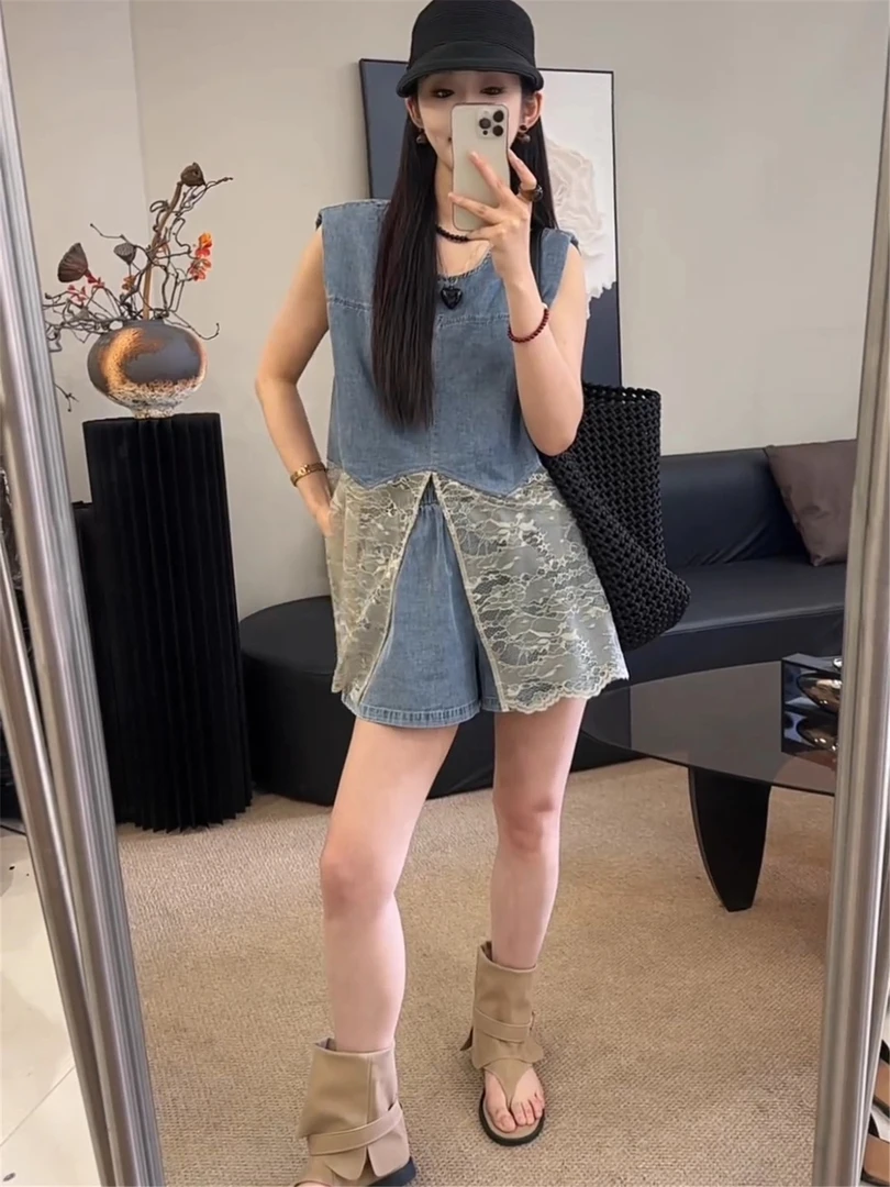 高级感时尚牛仔套装女夏季2025新款设计感气质拼接蕾丝高腰短裤子