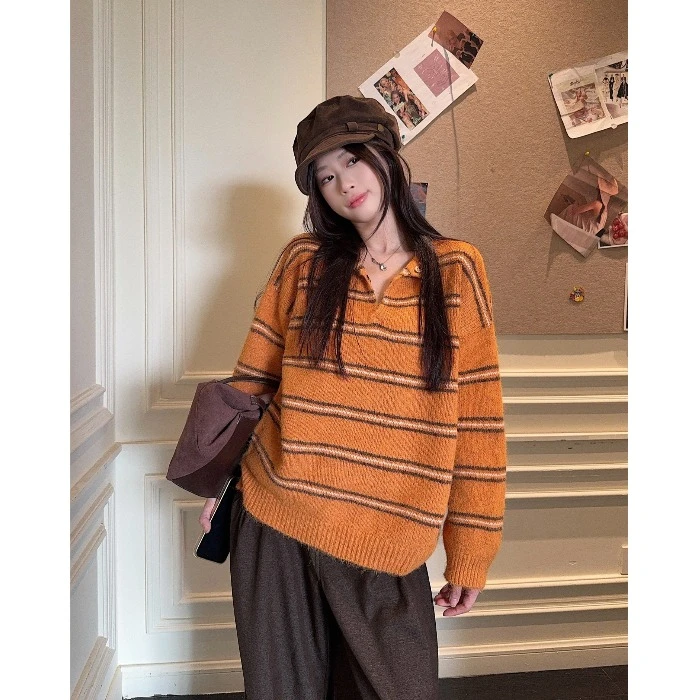 橘黄色条纹套头毛衣女秋季长袖半开领针织衫休闲宽松显瘦慵懒上衣