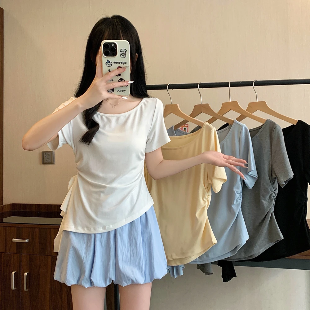 大码女装新款荷叶边短袖小众显瘦t恤夏季褶皱收腰设计感上衣