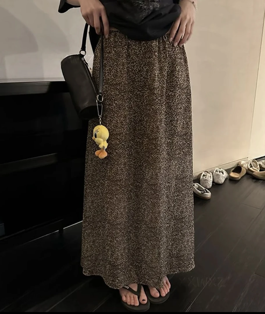 凉感舒适高腰显瘦豹纹松紧腰A字夏季半身裙