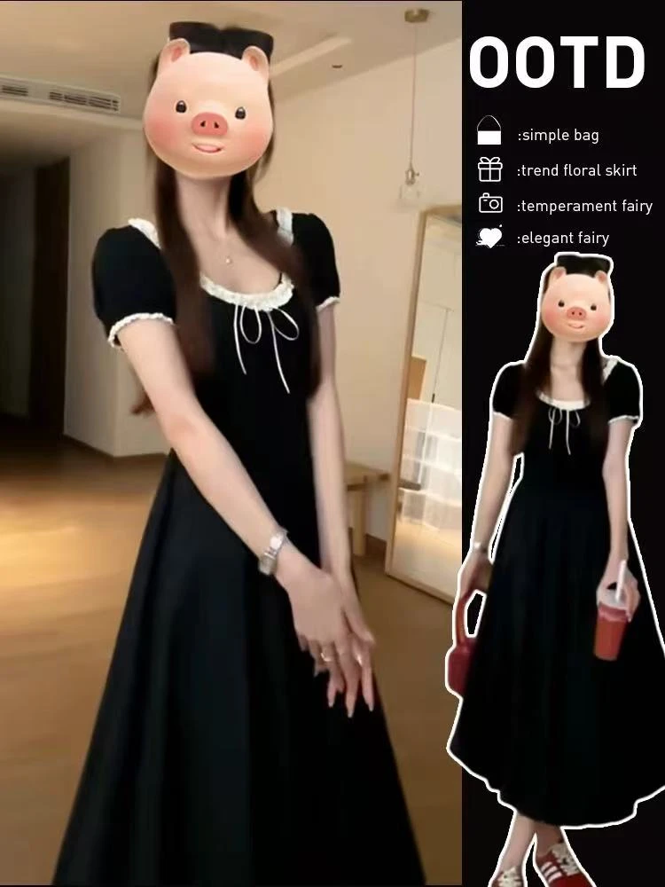 哺乳期方领小黑裙2025夏季新款辣妈产后外穿遮肚喂奶花苞裙减龄款