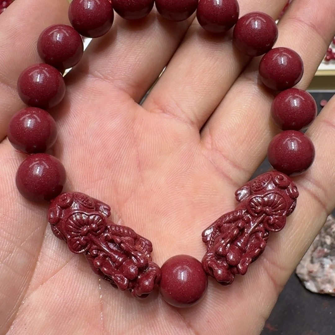 天然辰砂高含量朱砂双貔貅12mm