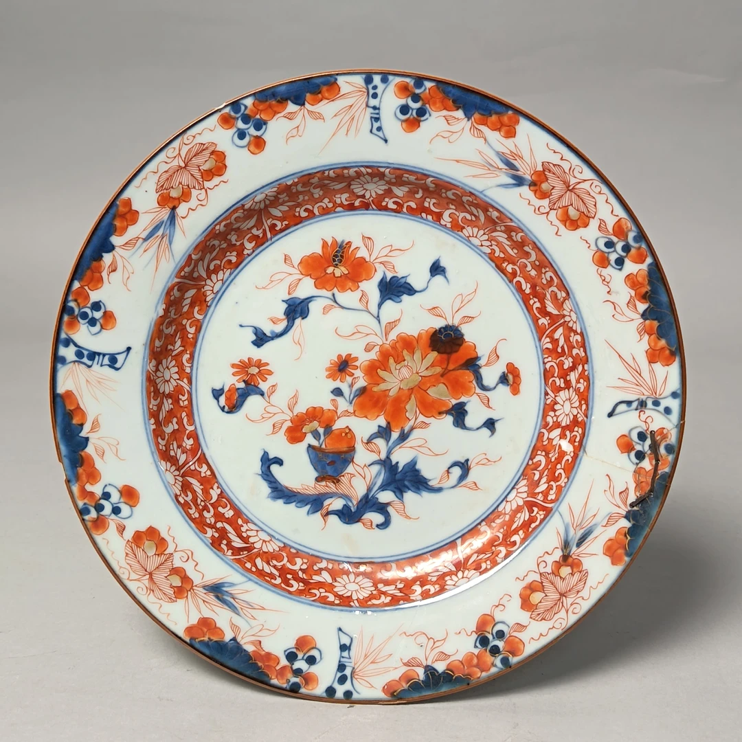 【010022603】清康熙 青花矾红描金花卉盘