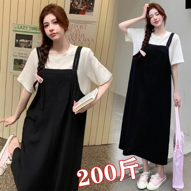 孕妇夏季大码连衣裙中长款时尚假两件韩版显瘦休闲裙200斤胖mm女