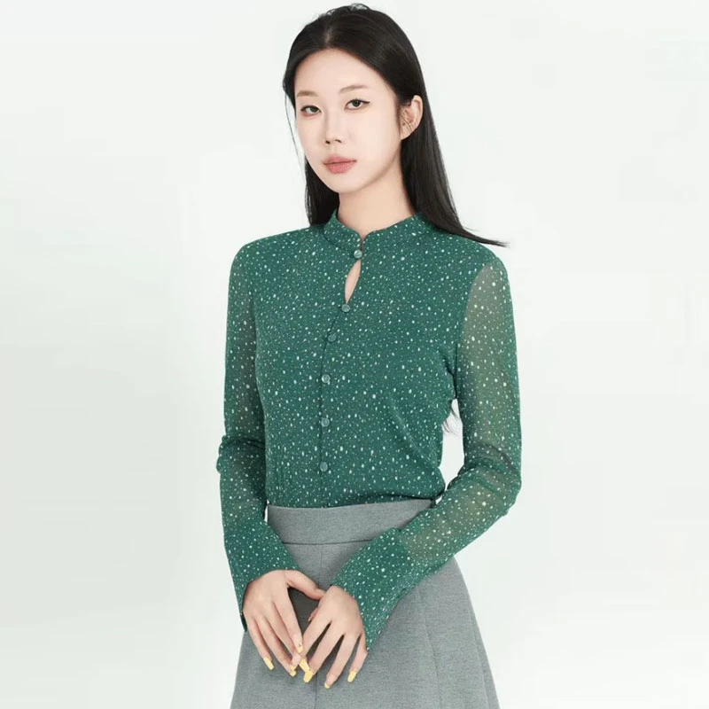 {专柜}商场同款2025春秋修身网纱印花立领长袖衬衫1301057