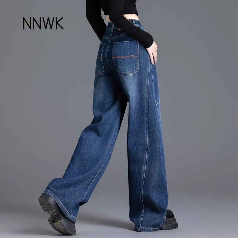 深蓝色牛仔裤女2025新款春秋季爆款裤子高腰阔腿裤直筒裤简约长裤