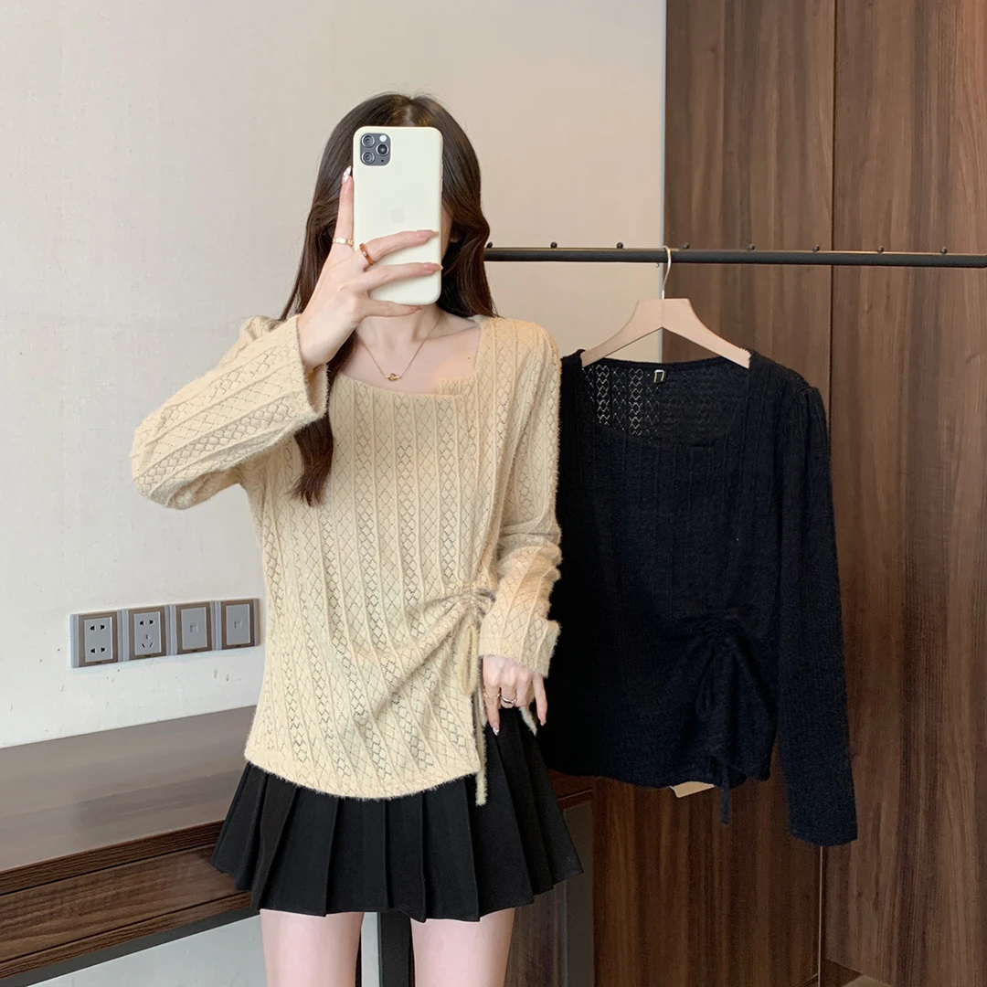 清长大码女2025秋冬磨毛蕾丝不规则T恤设计感抽绳内搭上衣63761