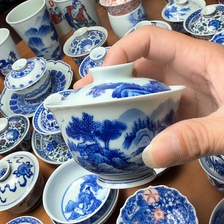 手绘二才山水盖碗